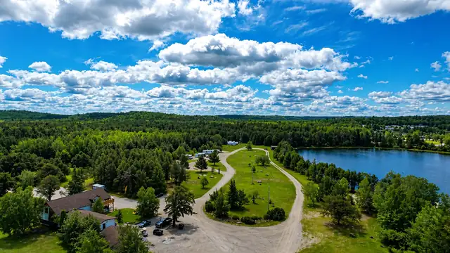 Aerial view of the Davy Lake campground and lake in Ignace